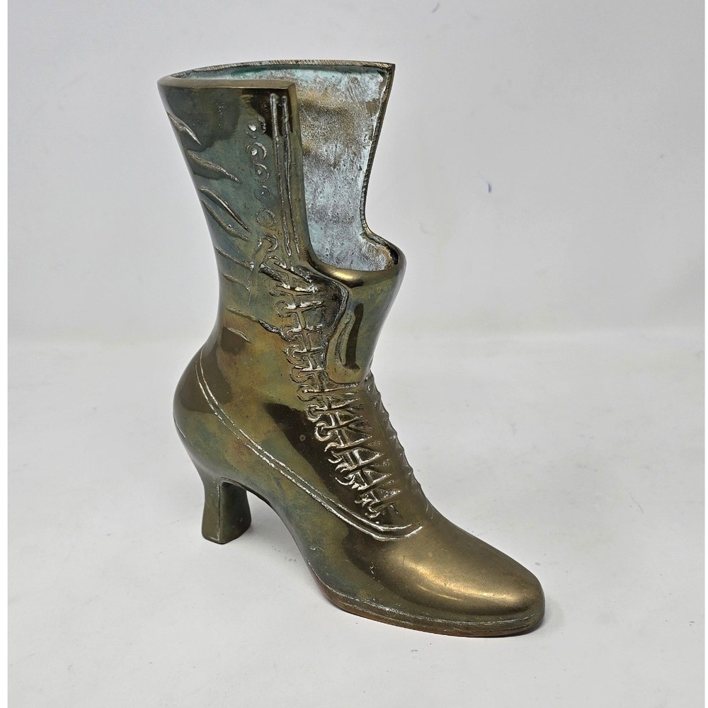 Vtg solid vrass Victorian lady's boot shoe vase planter gold heavy decor